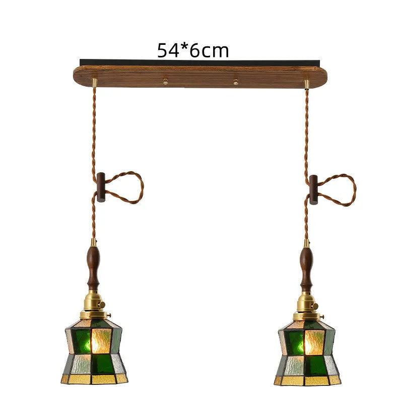 Japanese retro brass and glass chandelier with hand-blown shades, walnut wood accents, and hemp rope light line