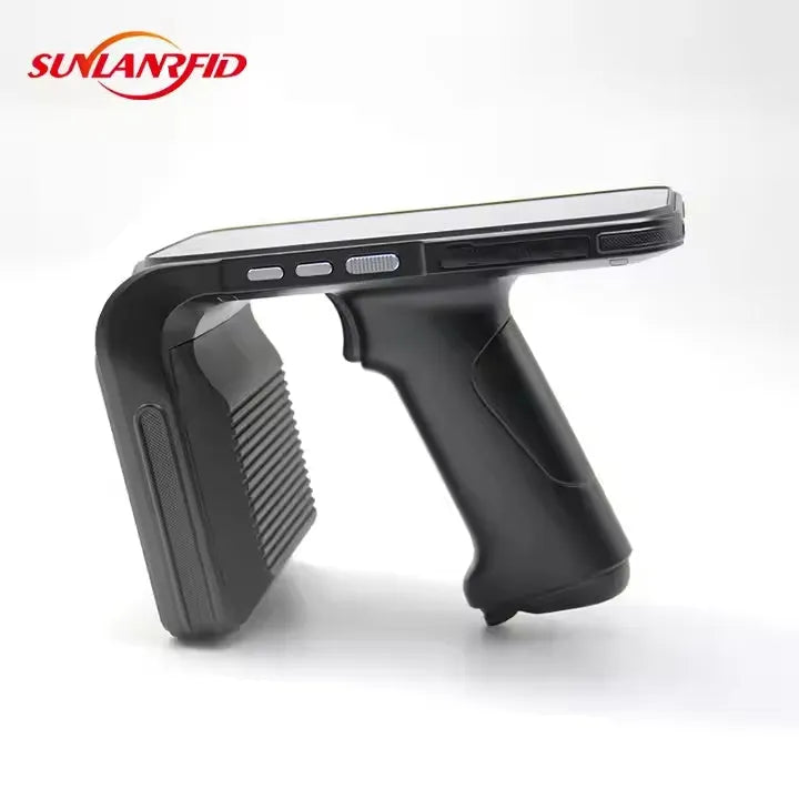 SLP-05 black portable UHF RFID Android handheld reader with scan trigger and display.