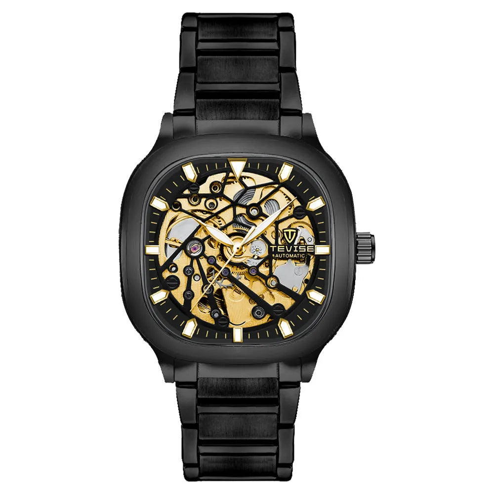 Men's square waterproof automatic watch with luminous hands on a stainless steel strap.