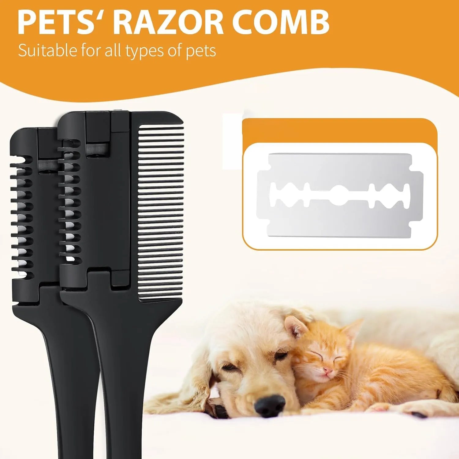 Pet razor comb grooming tool with comb teeth and replaceable razor blades for dog and cat hair trimming