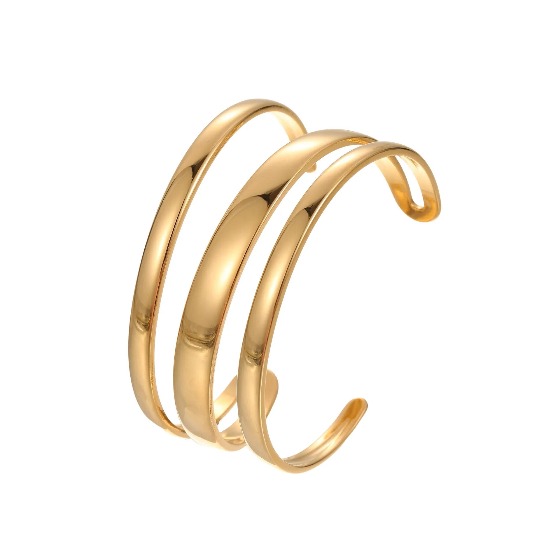 Geometric stainless steel women's bracelet with a simple opening mechanism, shown in gold and steel finish options.