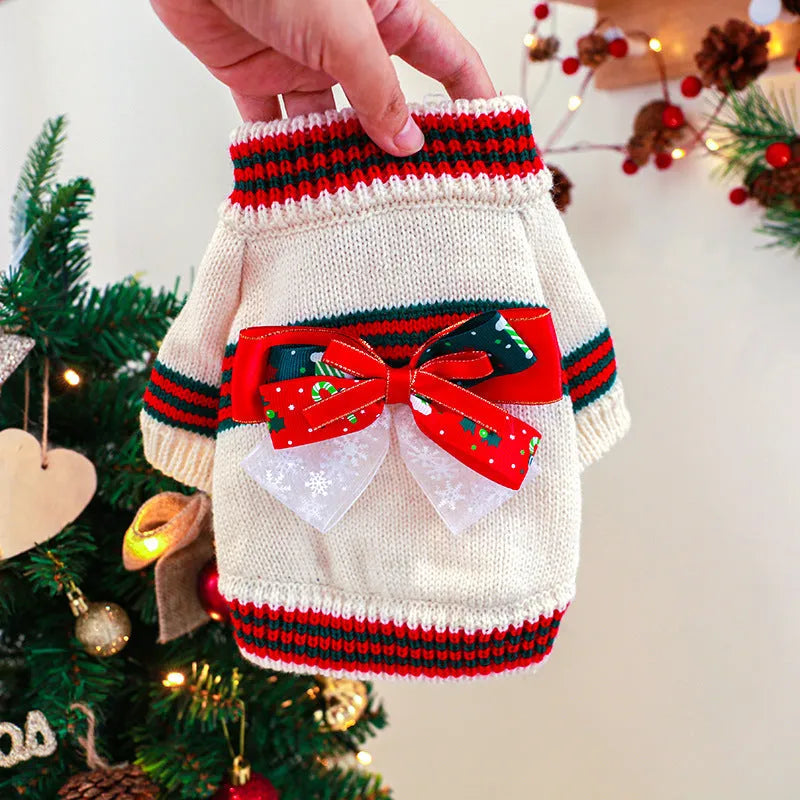 Green polyester dog Christmas jumper showing knitted sweater design for festive seasonal wear
