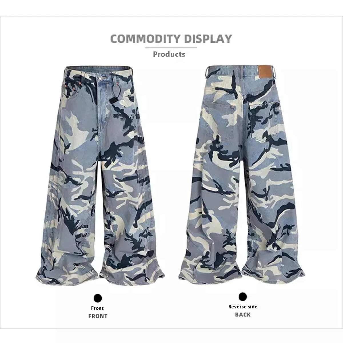 Snow camouflage blue loose fit jeans with elastic denim fabric and micro-elastic stretch
