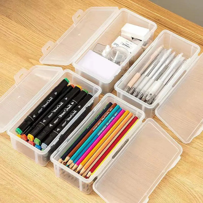 Clear transparent large pencil storage box filled with colouring pencils and crayons