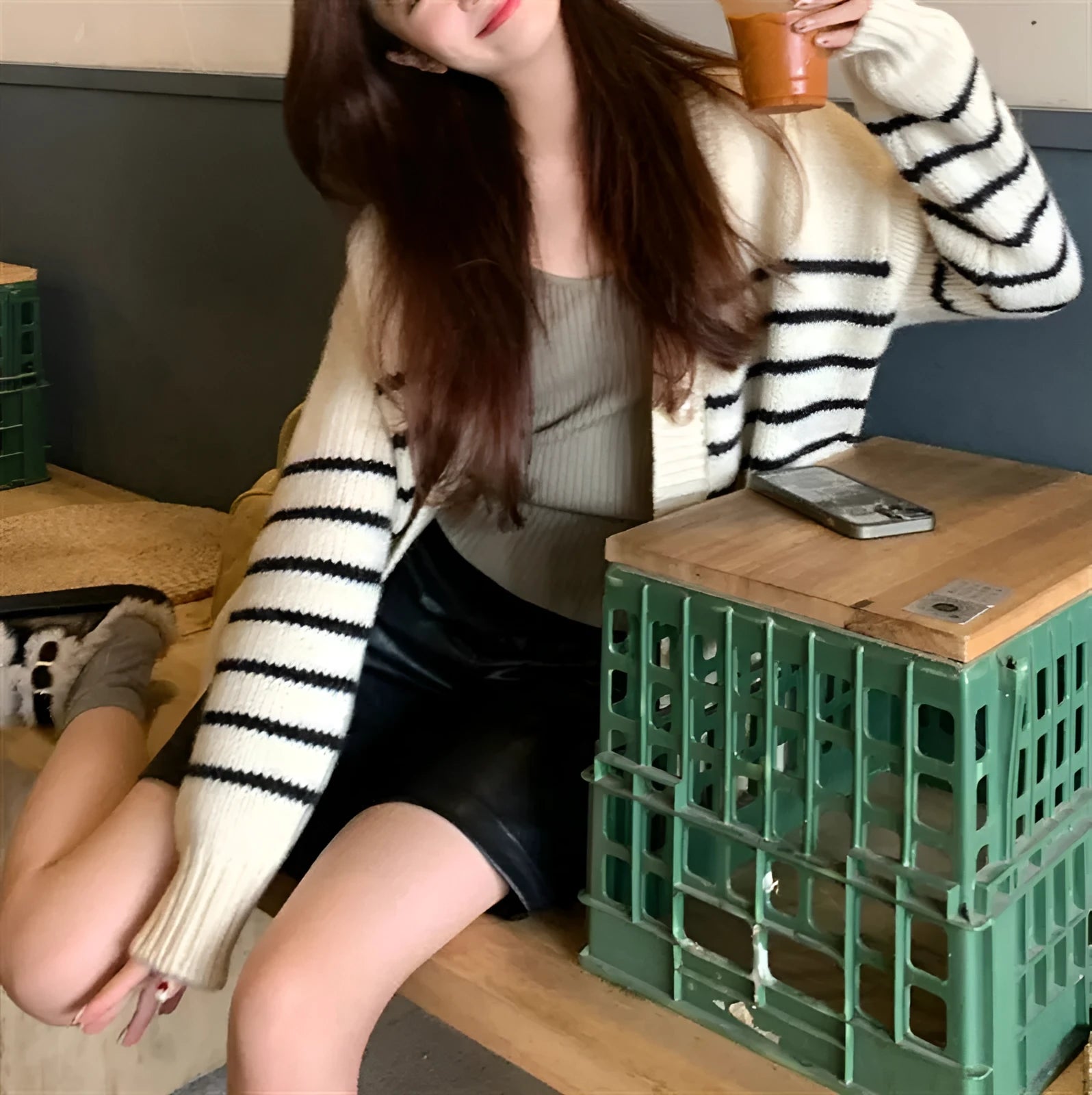 Collar button cardigan sweater with a 3D pattern in a casual Japanese Korean style.
