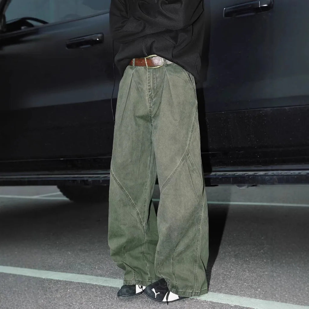 Men's pleated straight-leg loose trousers in striped apricot, black, or brown cotton-polyester fabric