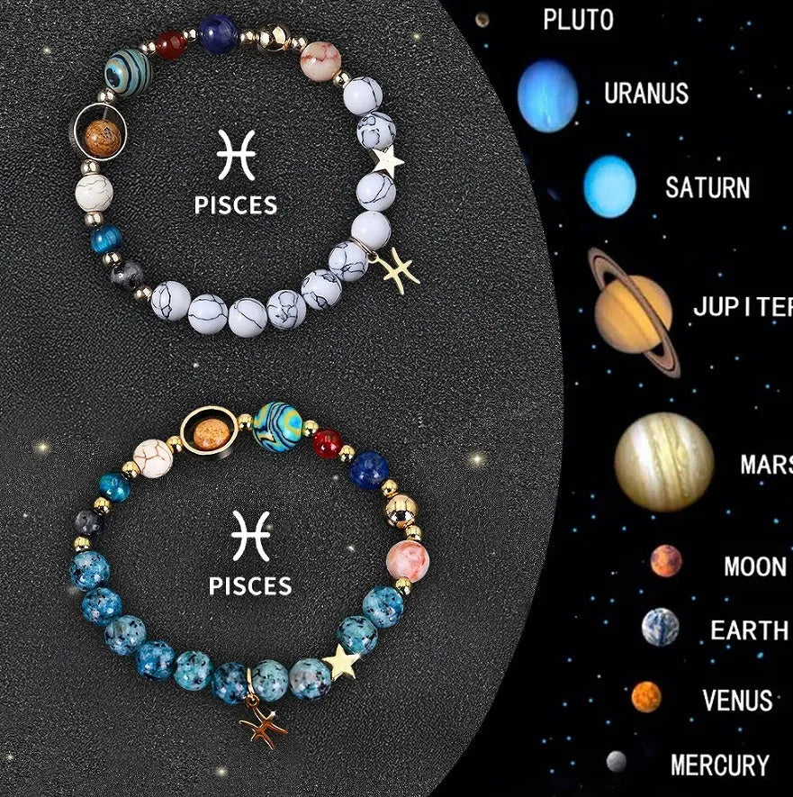 Two handmade natural stone beaded bracelets from a set of twelve zodiac sign designs.