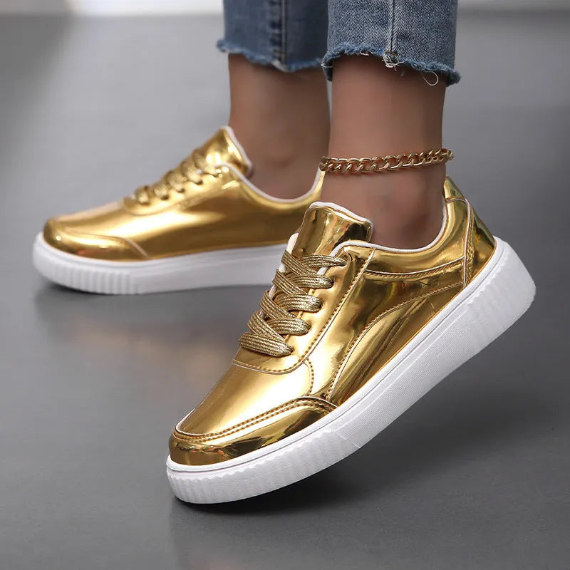 Rose gold and gold sequin platform sneakers with thick soles and round toe design