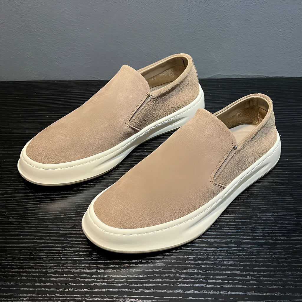 Men's grey and apricot casual shoes with round toe, PU leather upper and rubber sole