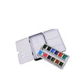 Square tinplate metal paint box for solid watercolour pigments in three folding sizes.