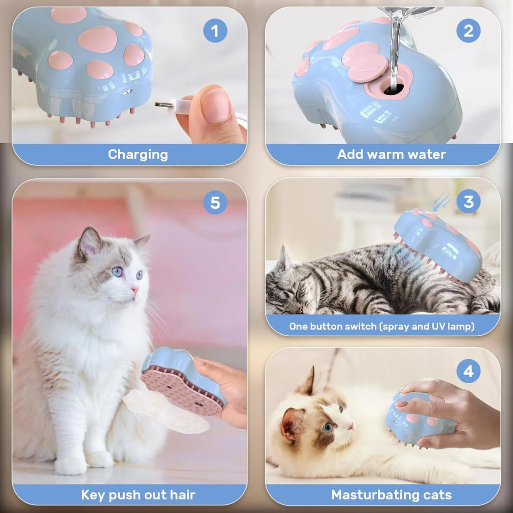 Blue self-cleaning pet steam brush with silicone bristles and spray function.