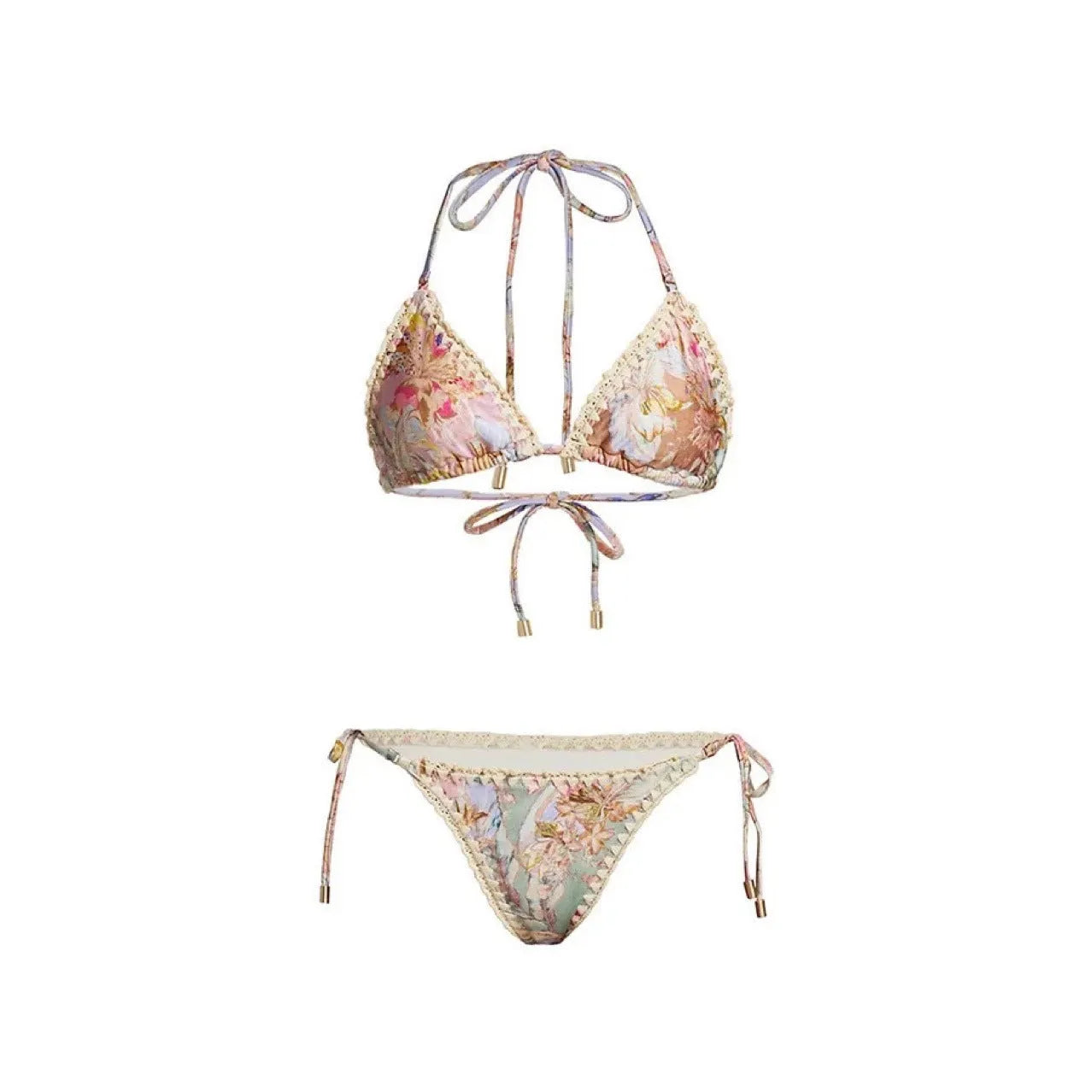 Women's creamy-white floral bikini swimsuit set with skirt, top, and briefs in nylon fabric
