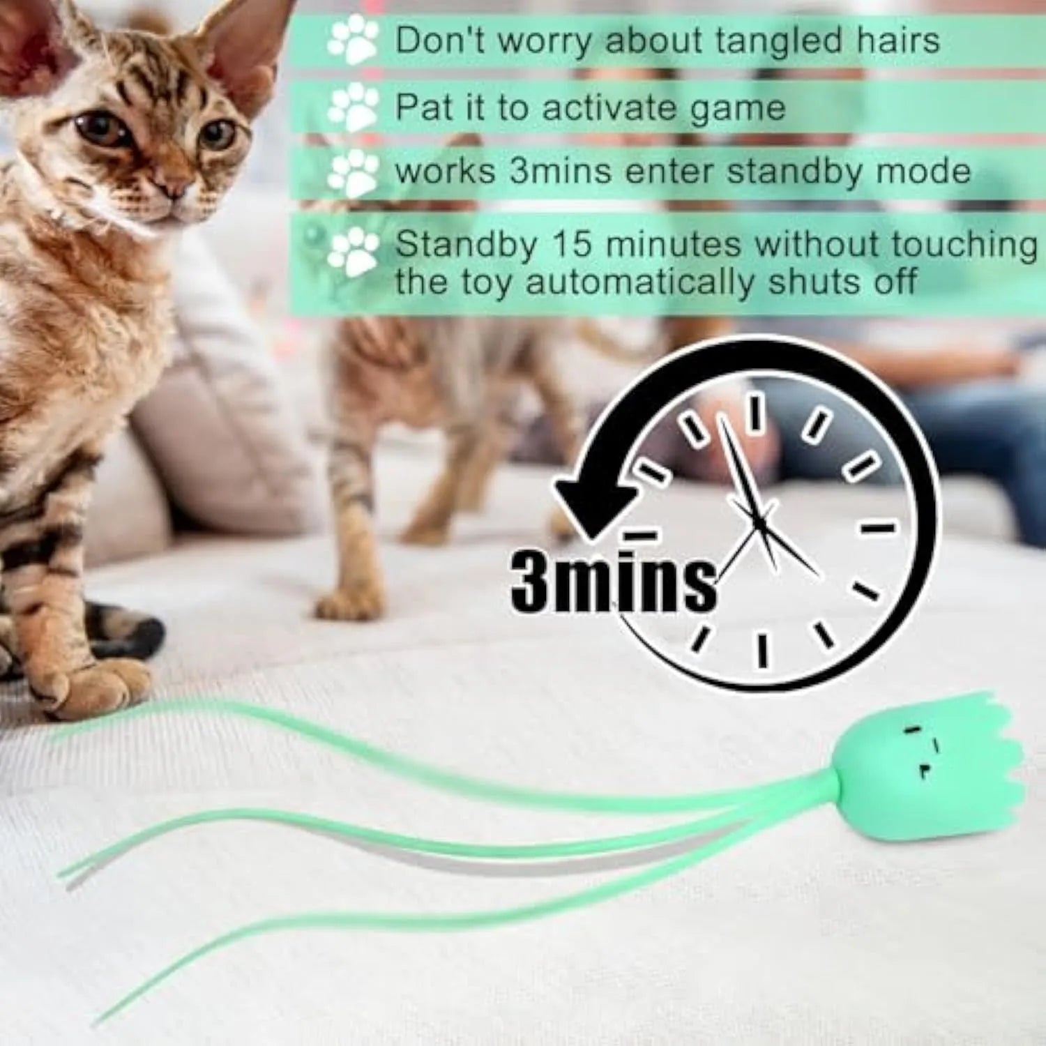 Automatic cat wand toy with swinging silicone tail measuring 38 cm long