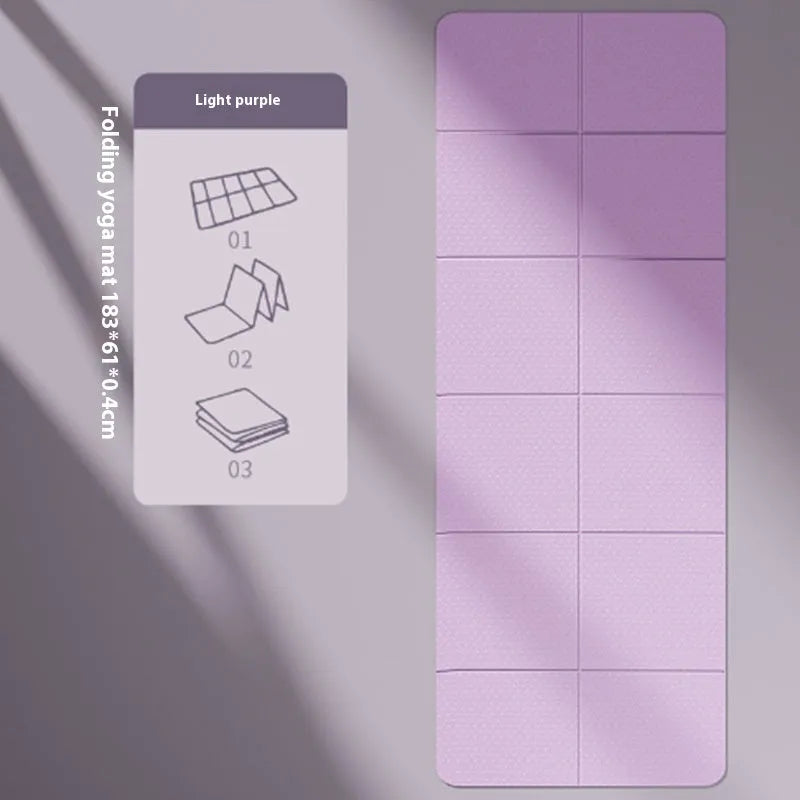 Purple foldable TPE exercise mat shown unfolded and folded, with non-slip texture visible.