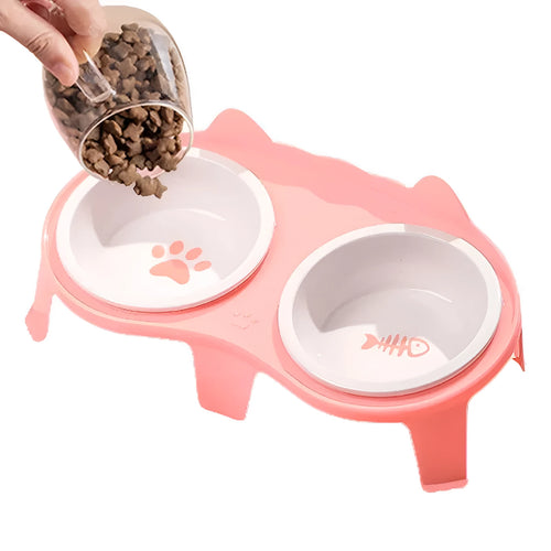 Ceramic cat food and water bowl set on elevated tilted ABS plastic stand in blue colour
