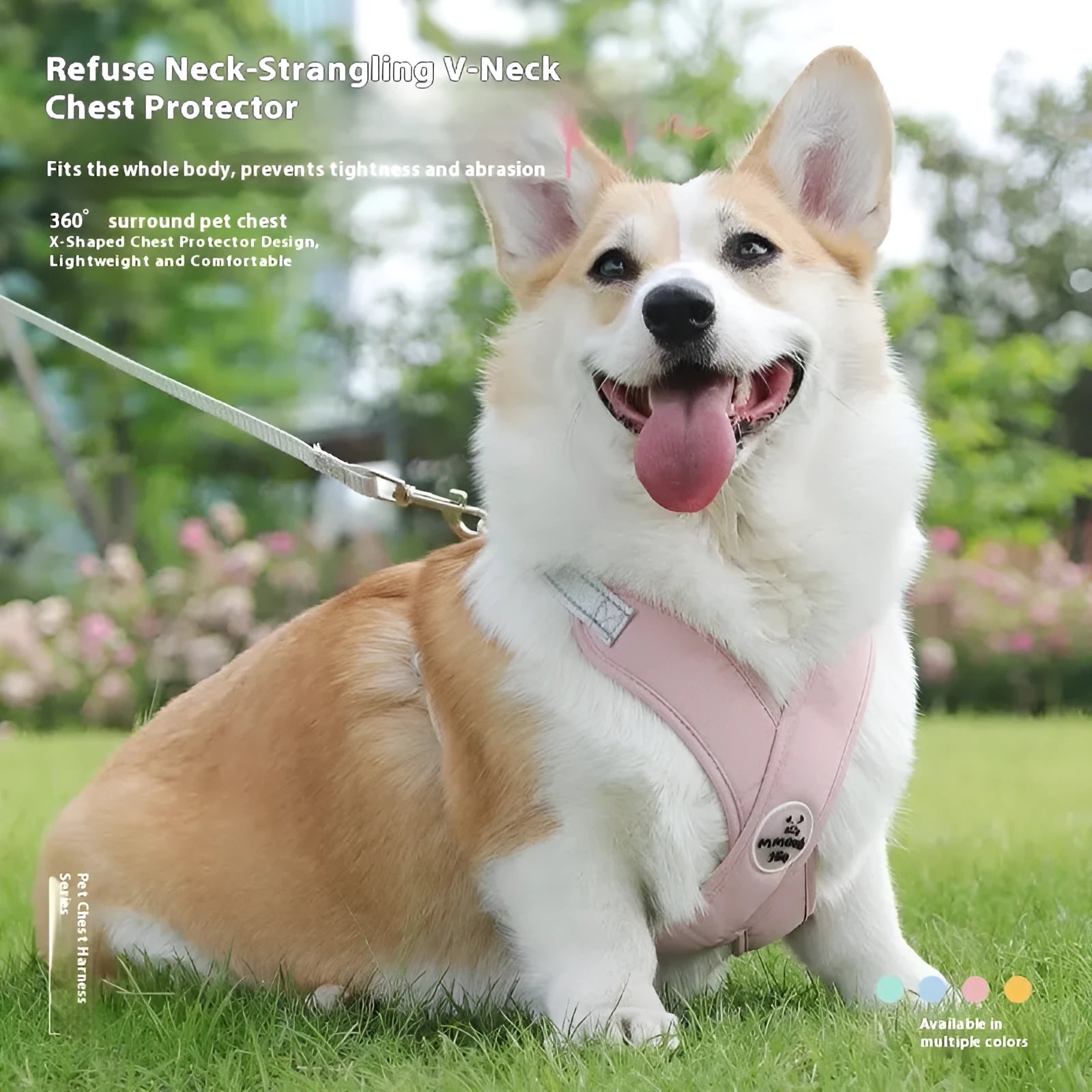 Blue polyester dog vest harness with an attached hand-held rope for walking.