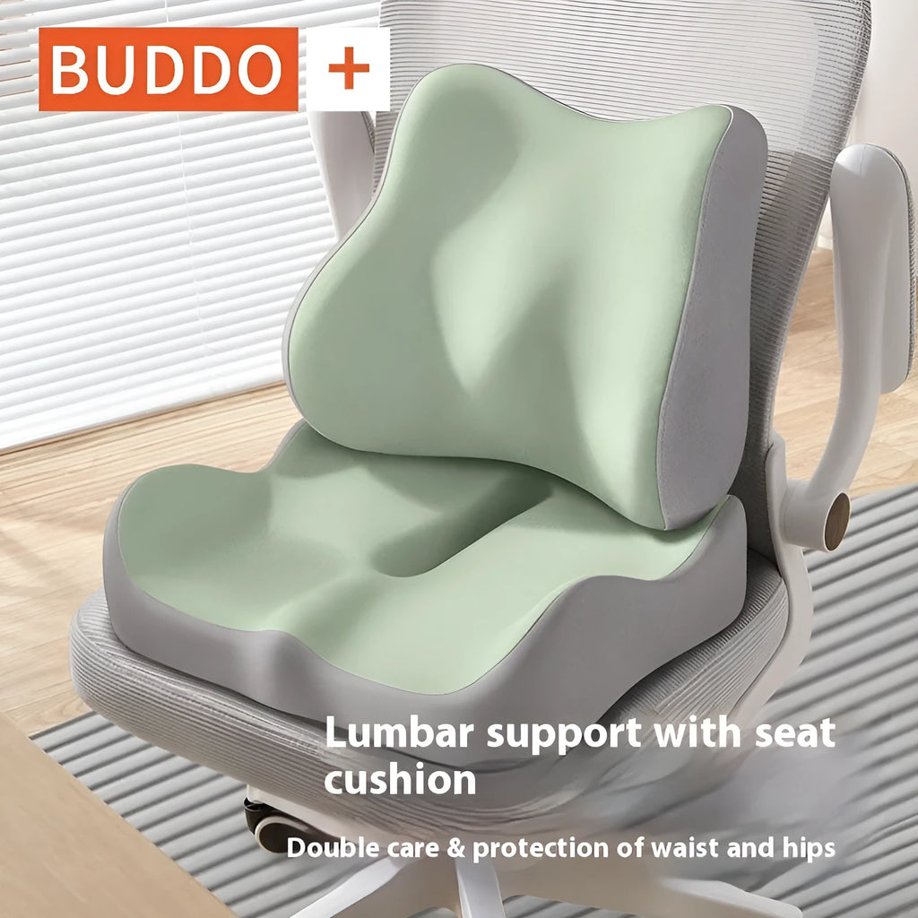 Memory foam waist rest seat cushion for office chairs shown in blue and grey colour combination