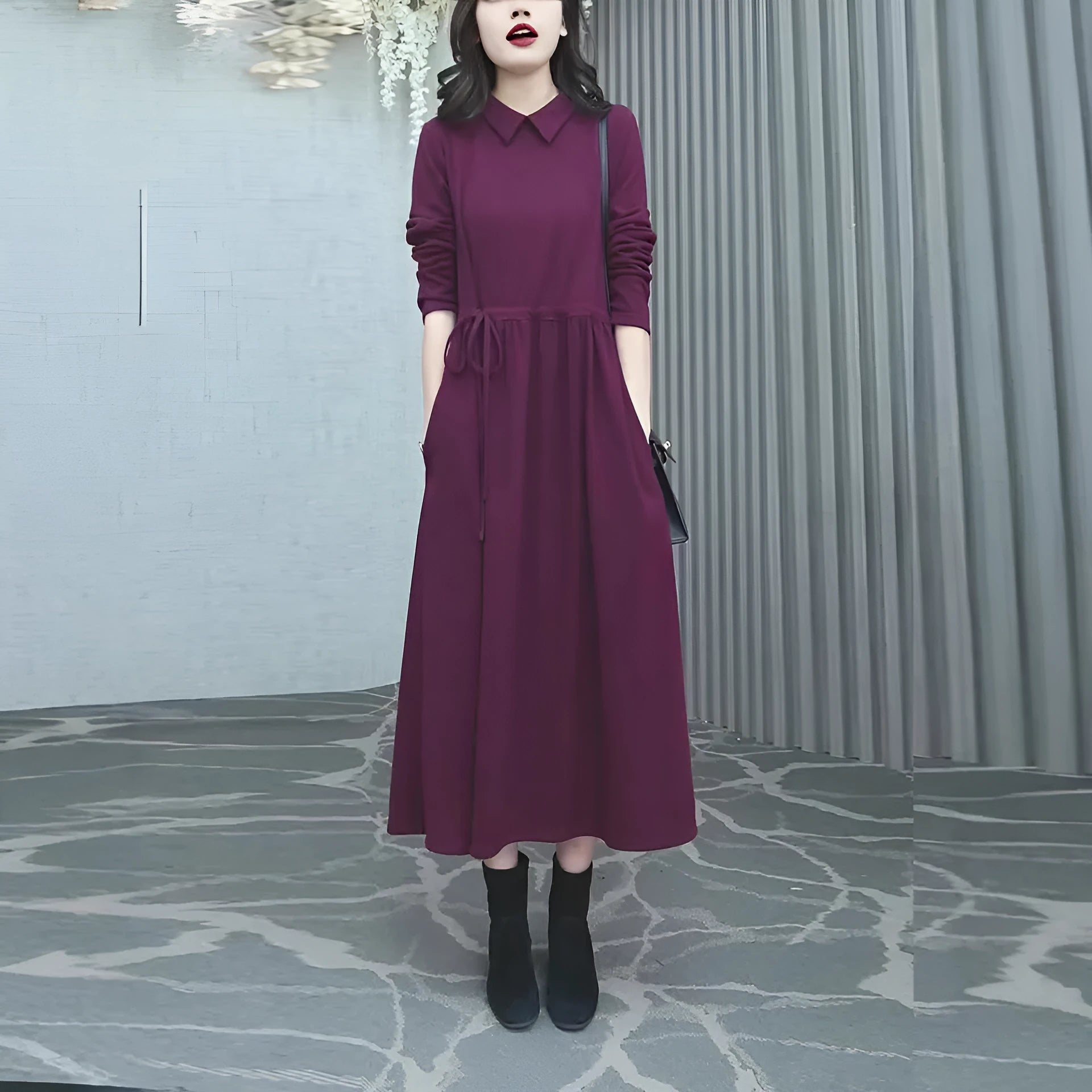 Purplish red women's long sleeve maxi dress with urban style design for autumn and winter wear