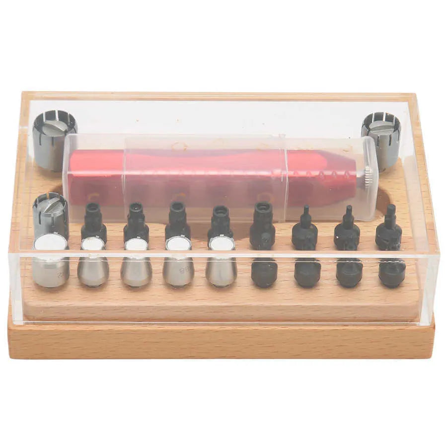 Steel watch repair barrel-opening tool kit with 20 pieces in a black organiser case.