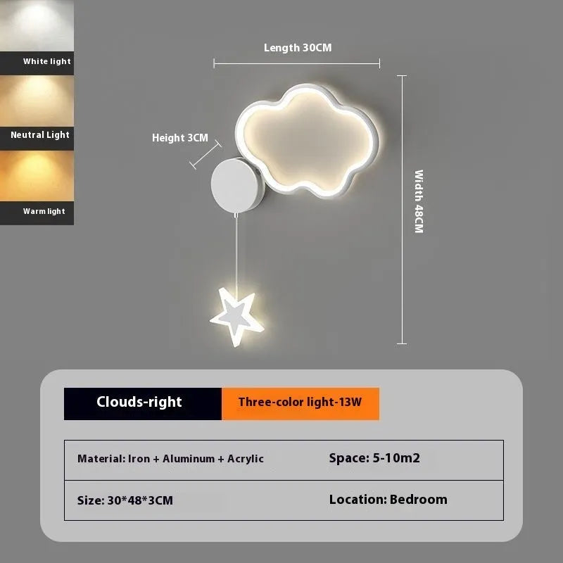 Children's bedside wall lamp with cloud and star design in black finish showing three-colour LED illumination