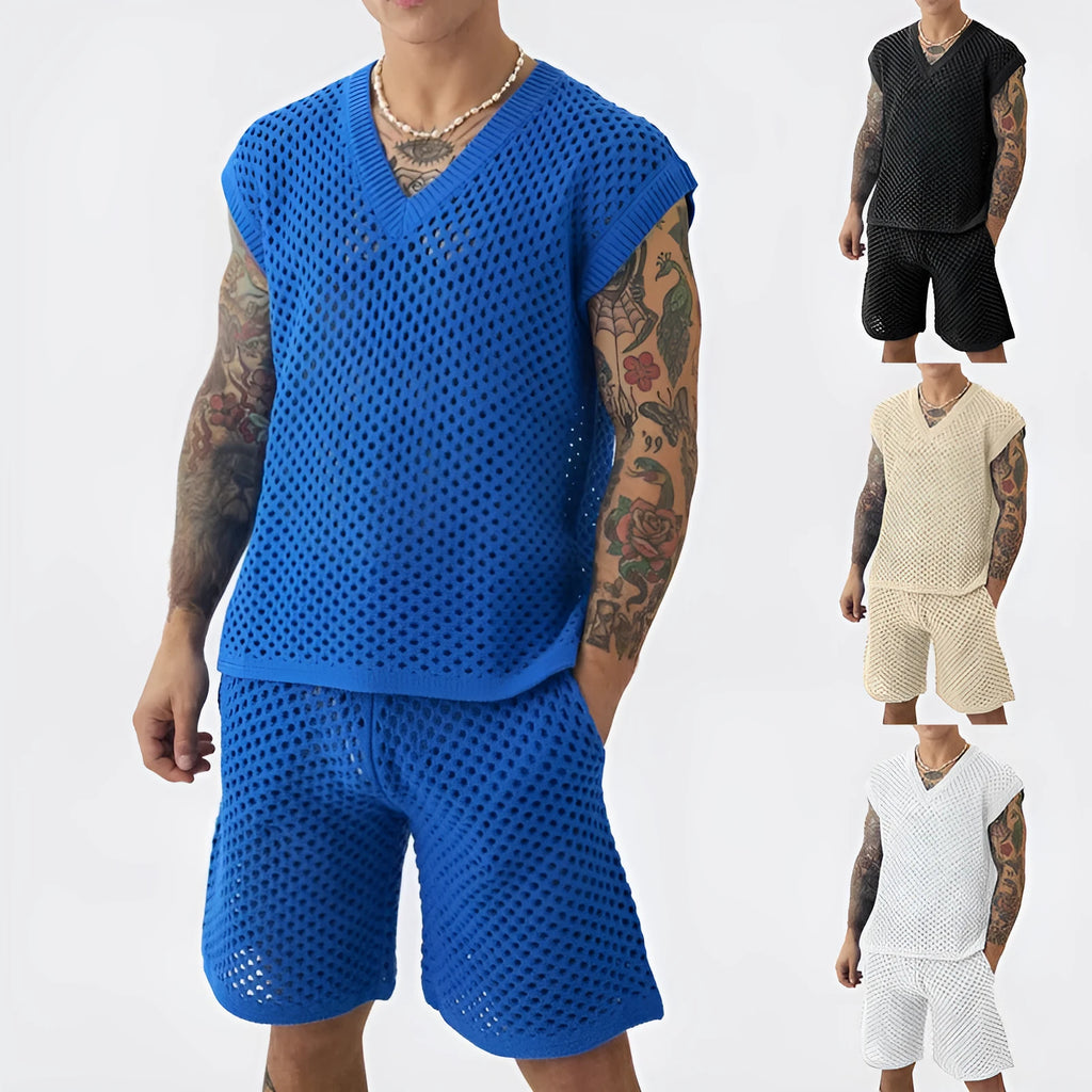 Men's blue knitted vest and shorts sports suit with V-neck design for summer athletic wear