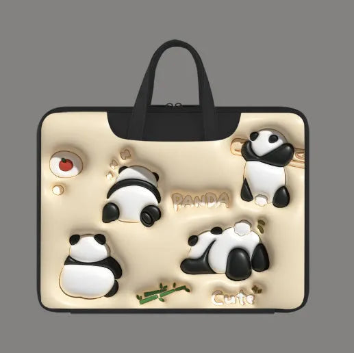 Inflatable PU leather laptop bag with hanging strap shown in a cute panda pattern design.