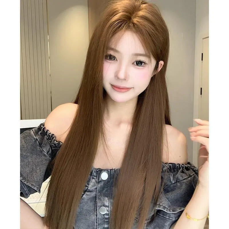 Centre-parted lace front wig with forehead lace and long straight hair in warm brown