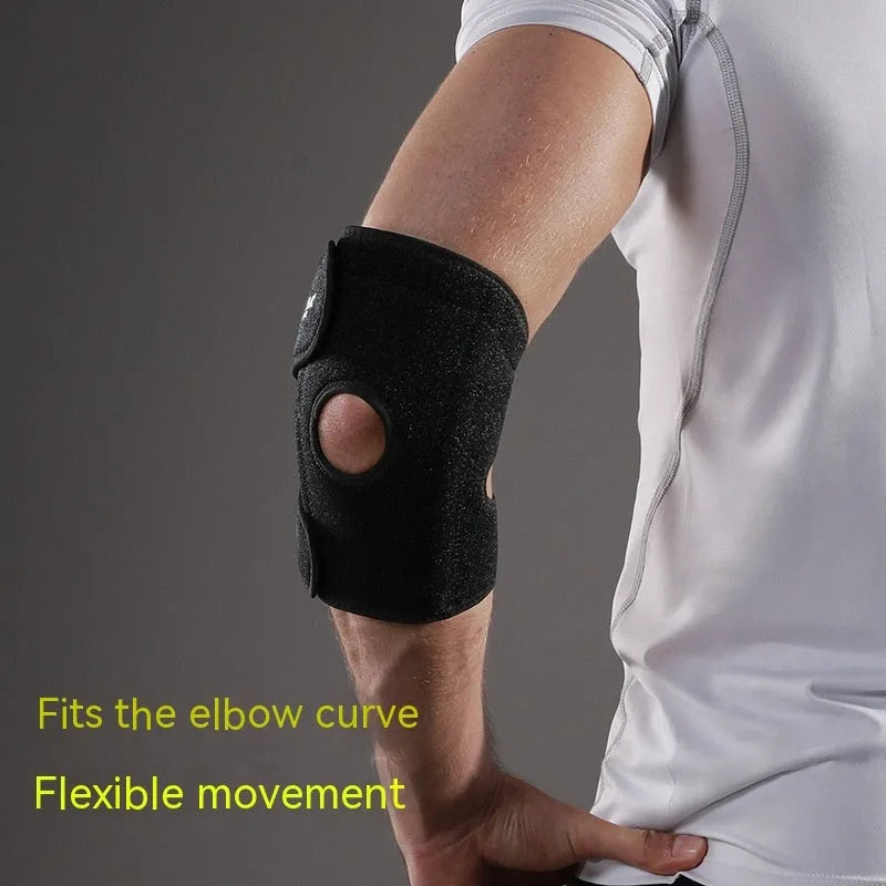 Black adjustable sports elbow guard for adult training and multiple sports.