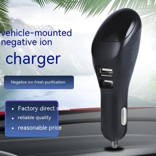 White car USB charger with integrated air purifier showing dual USB ports and compact 103mm design