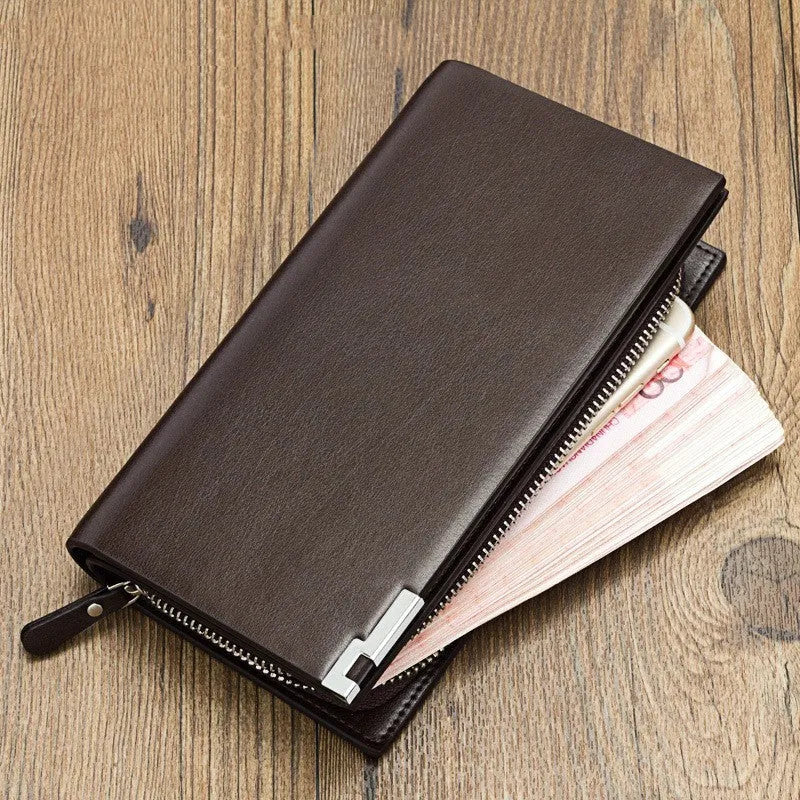 Men's black PU leather wallet with zipper closure showing seven card slots