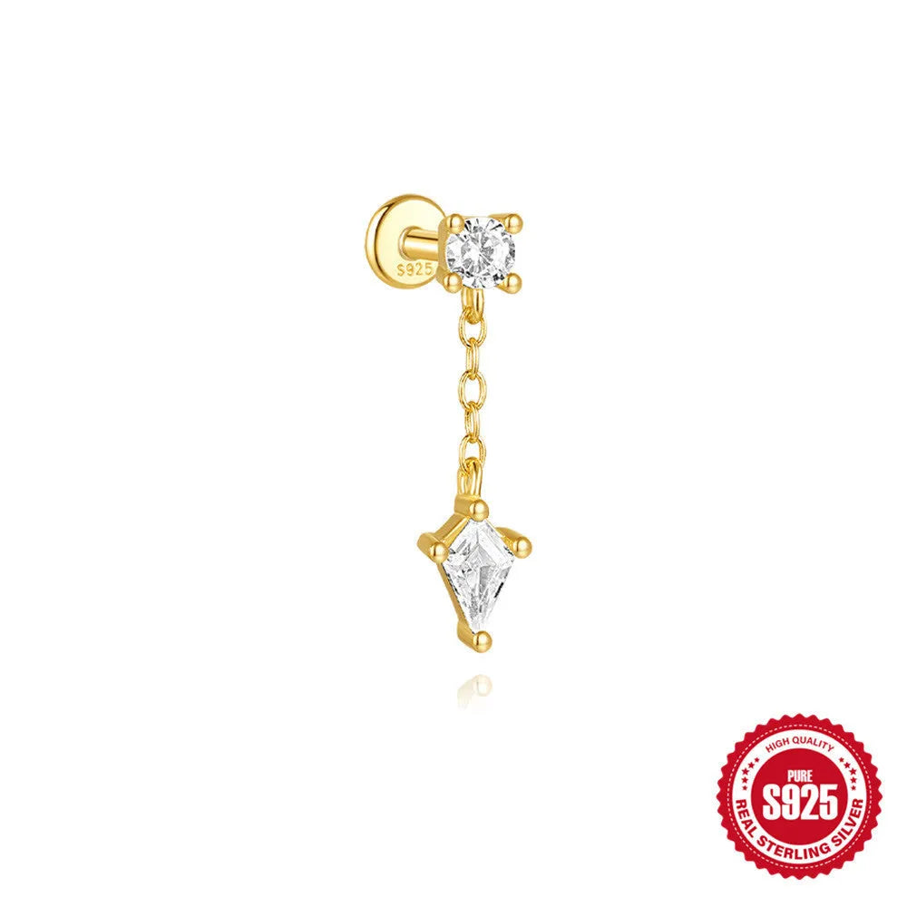 S925 sterling silver geometric kite-shaped earring with rhinestone chain tassel in a gold colour finish.