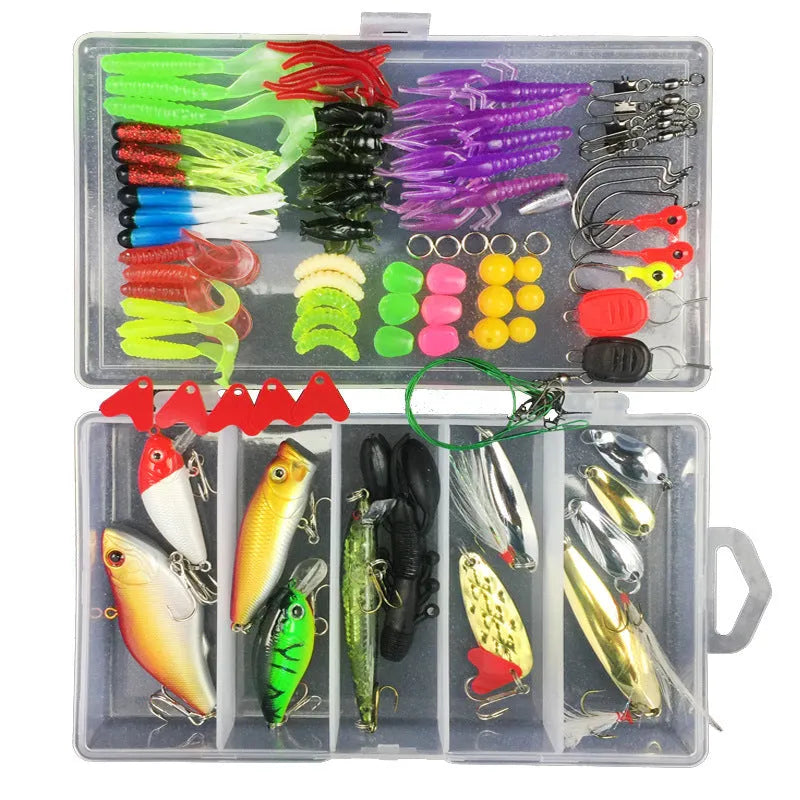 Junior fishing lure suit set in PP plastic storage box with multiple artificial baits