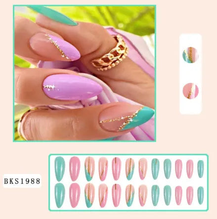 Almond-shaped false nail stickers showing French colourful leaves, gradient leopard print, star flash macaron and colourful plating designs