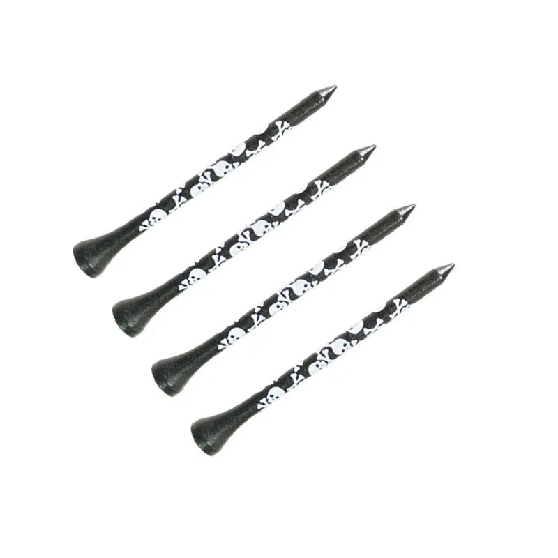 Ten black bamboo golf spike dowel pins with skull print decoration in 70mm and 83mm lengths