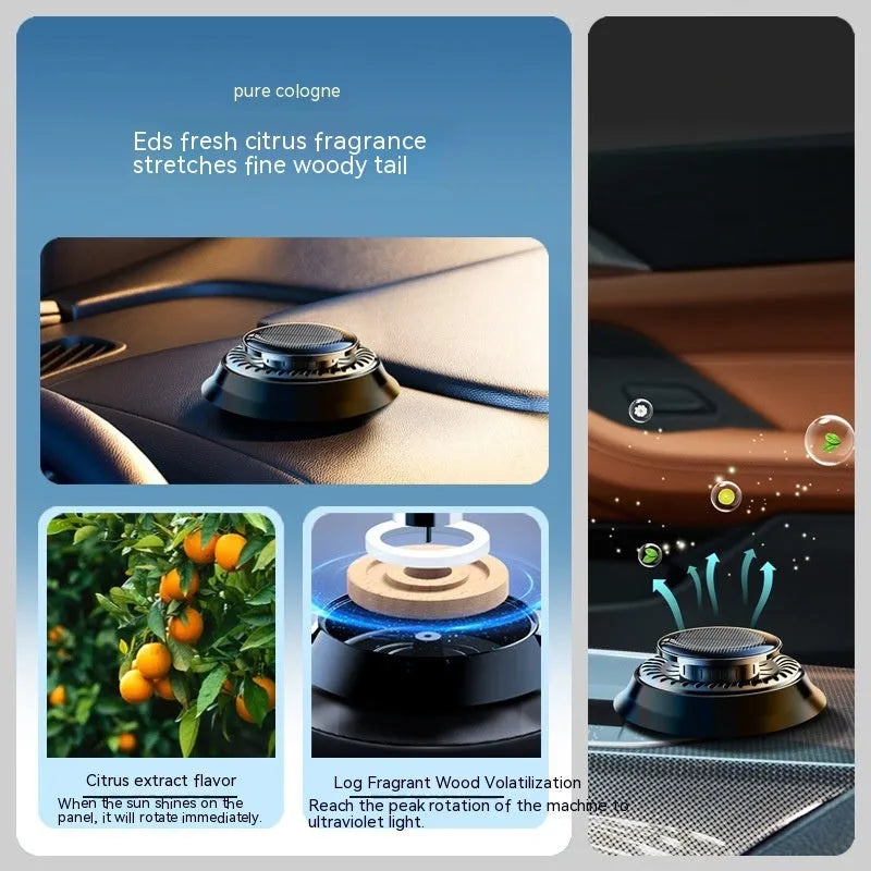 Black plastic solar-powered car aromatherapy decoration and de-icing device, dimensions 84x84x33mm.