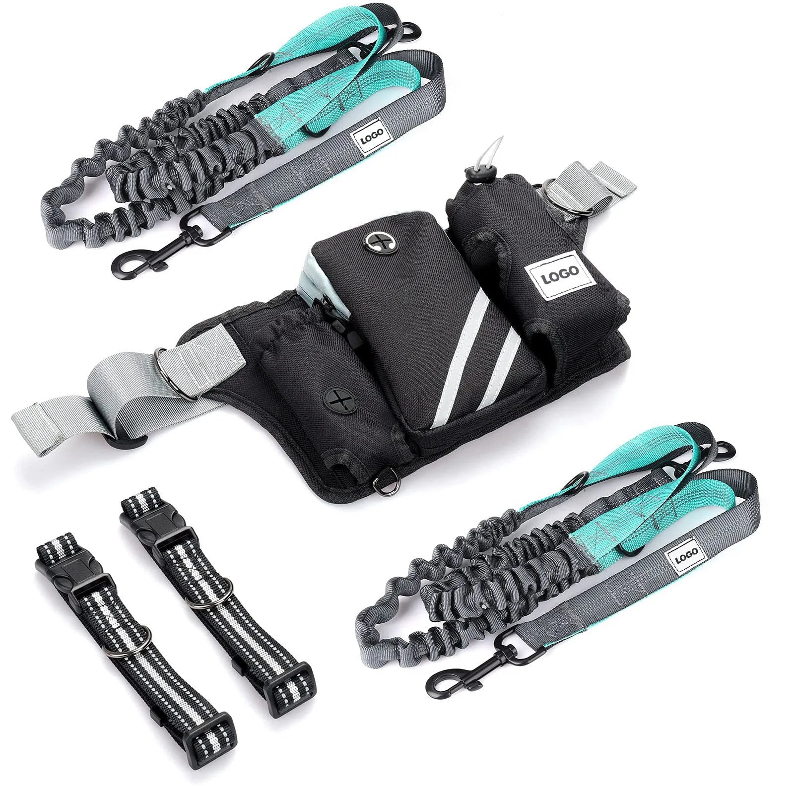 Black outdoor dog walking set with waist bag and leash combination for hands-free pet control