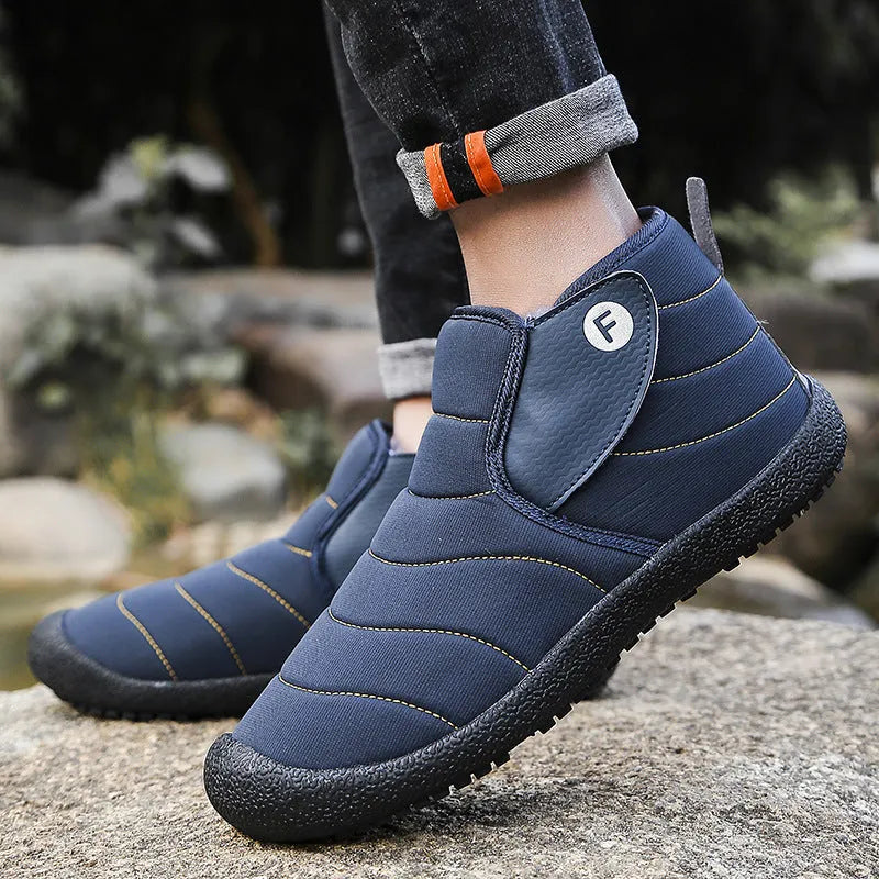 Men's waterproof cotton snow boots with non-slip rubber soles in black, blue, green, or yellow