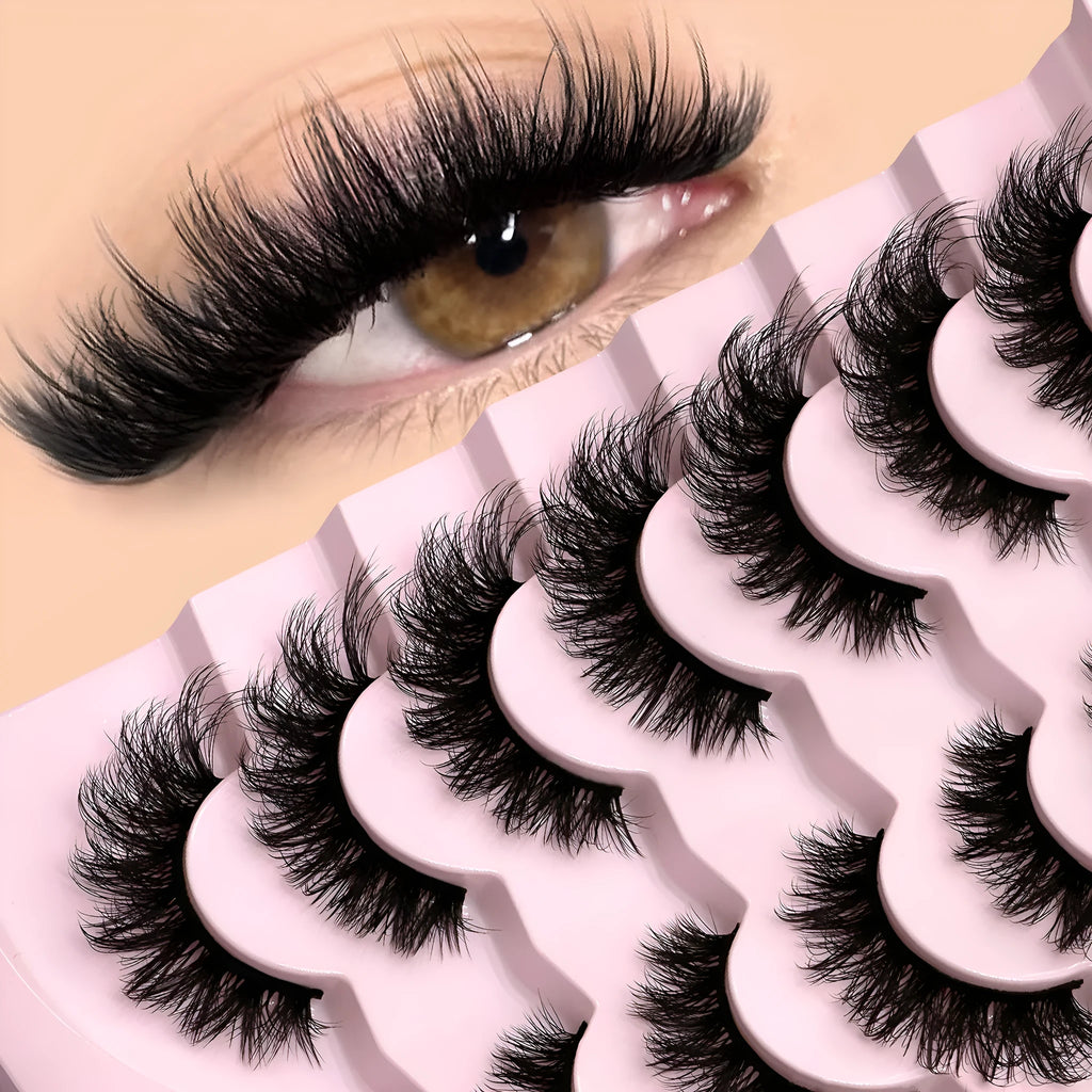 Box of natural style false eyelashes made from artificial fibre, includes adhesive glue