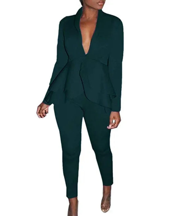 Women's white polyester business casual uniform set with ruffle blouse and pencil pants on a hanger.