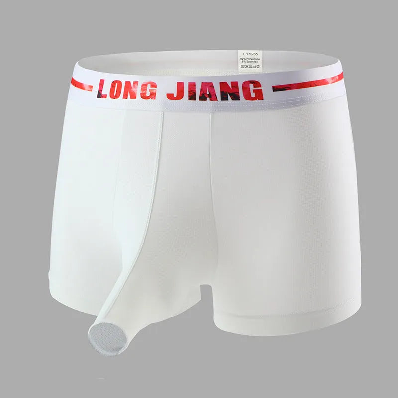 Men's breathable ice silk trunk open boxer shorts in Army Green colour on a mid waist mannequin.