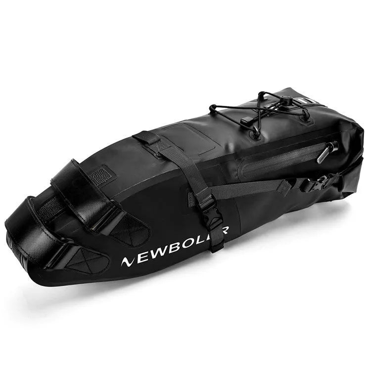 Waterproof black PVC bicycle tail bag with 13L capacity for outdoor cycling tools.
