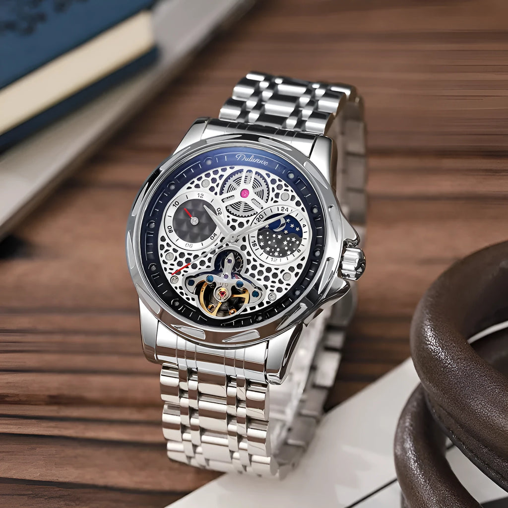 Men's automatic business watch with luminous dial and choice of steel or leather strap in black or white