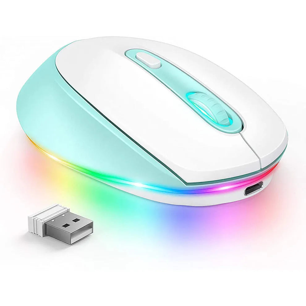 24g wireless optical mouse with USB charging cable on a desk