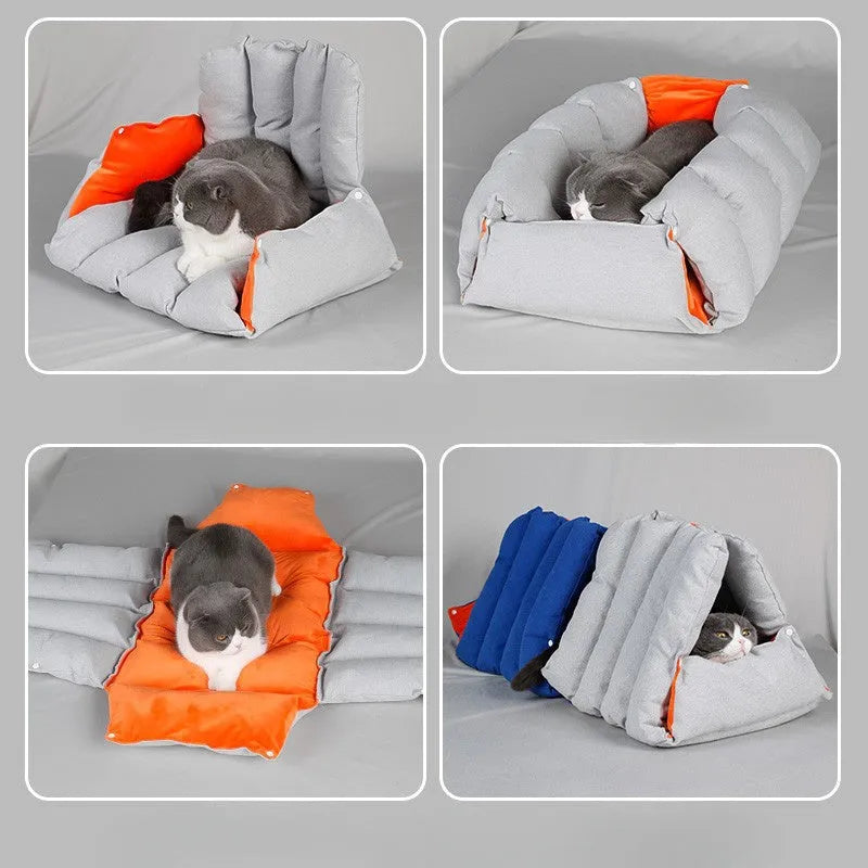 Blue triangular cat bed with drilled holes on the sides for combination, showing removable cotton cover.