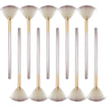 Set of 10 professional fan makeup brushes with champagne handles and protective covers.