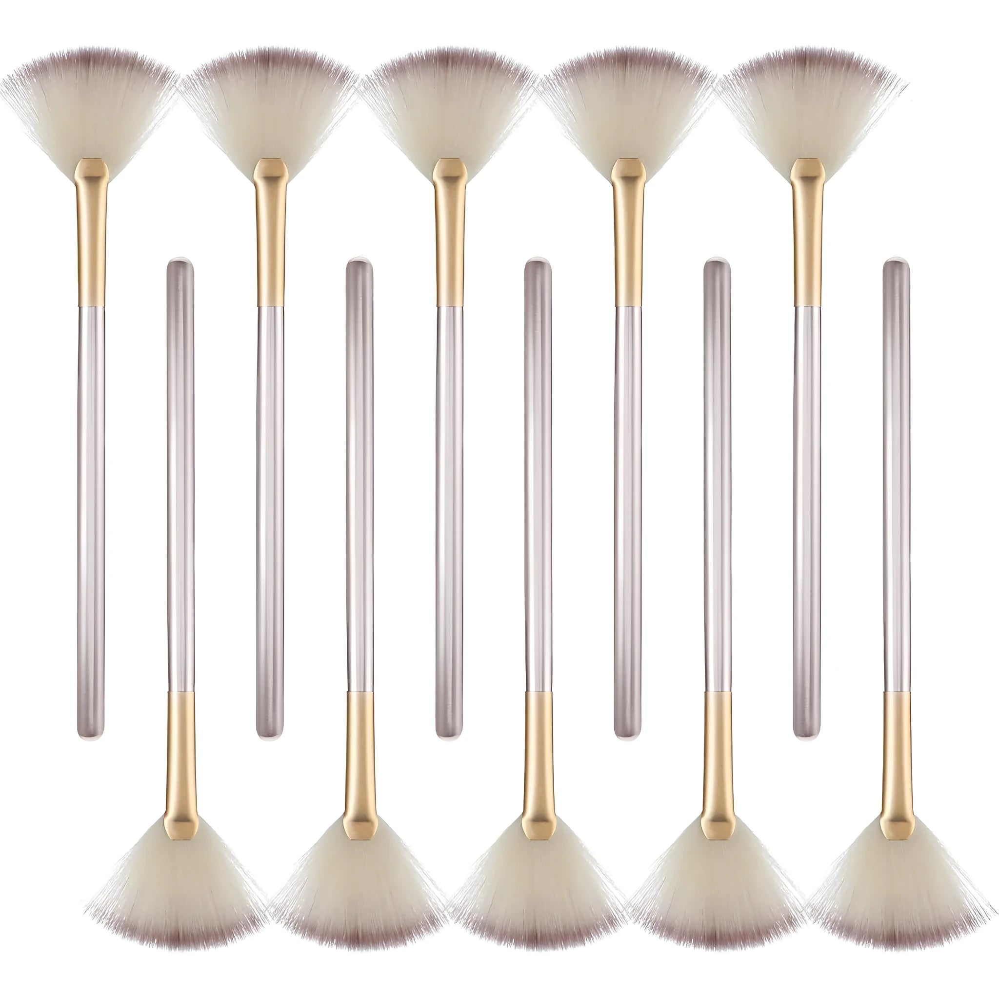 Set of 10 professional fan makeup brushes with champagne handles and protective covers.