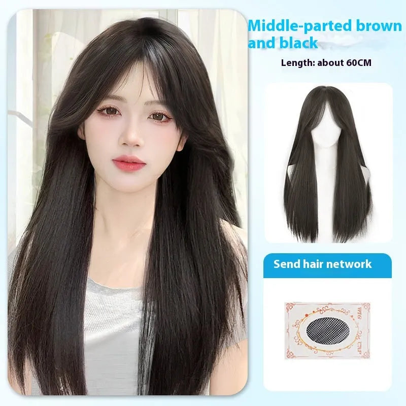 Straight black synthetic wig with bangs for women in brown-black colour