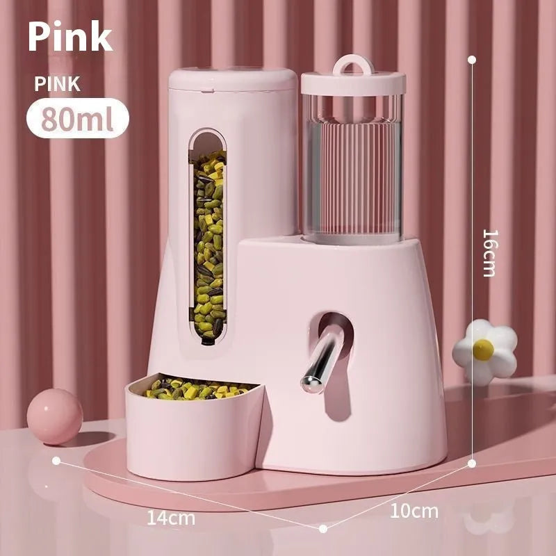 White, blue, and pink hamster automatic drinking water feeder with food basin for small pets