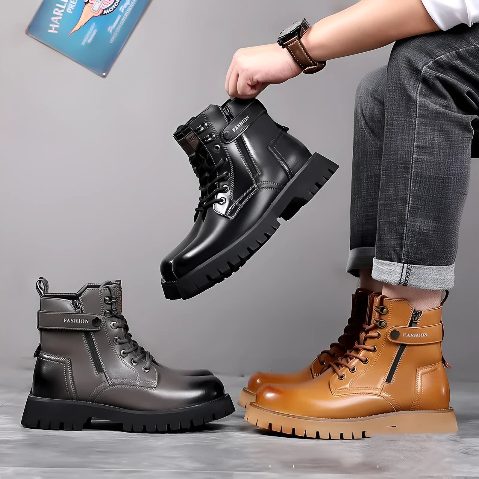 Mens light brown high-top Martin boots with side zipper and thick rubber sole