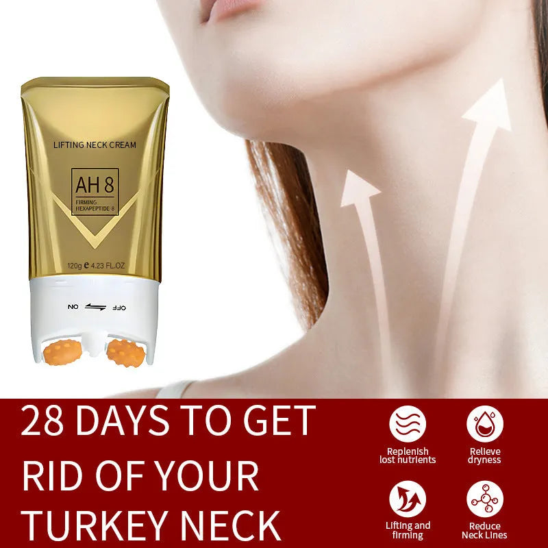 Neck cream container with built-in massaging roller applicator showing 120g size